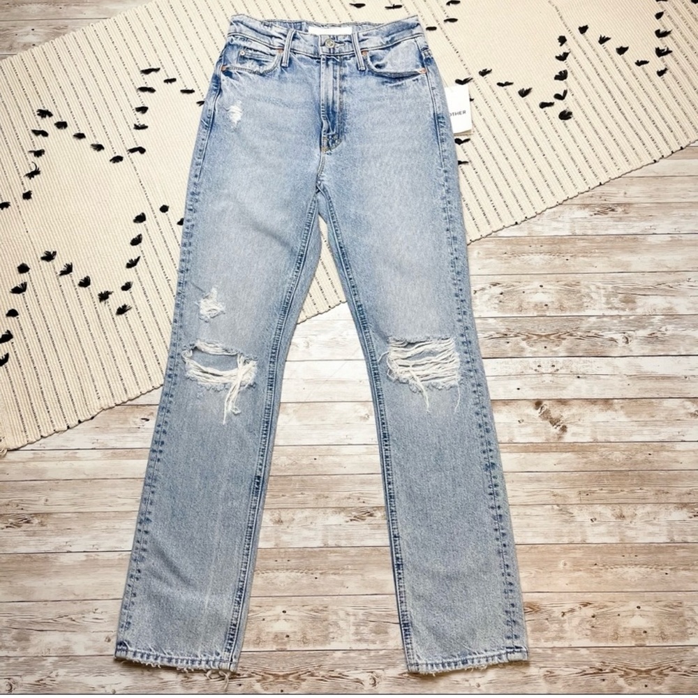 MOTHER Light Blue Distressed Ankle Crop Jeans - Pale Blue Wash